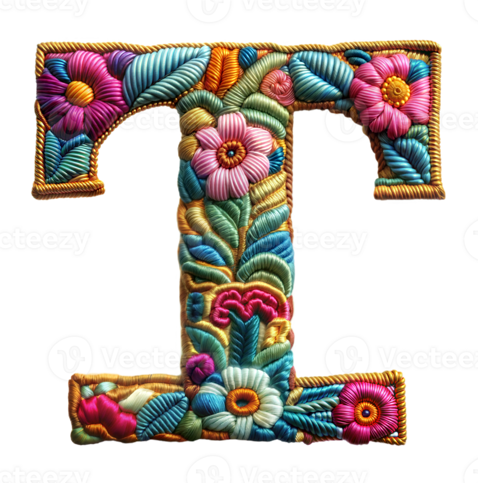 Embroidery alphabet T letter craft artistic stitches on transparent background png