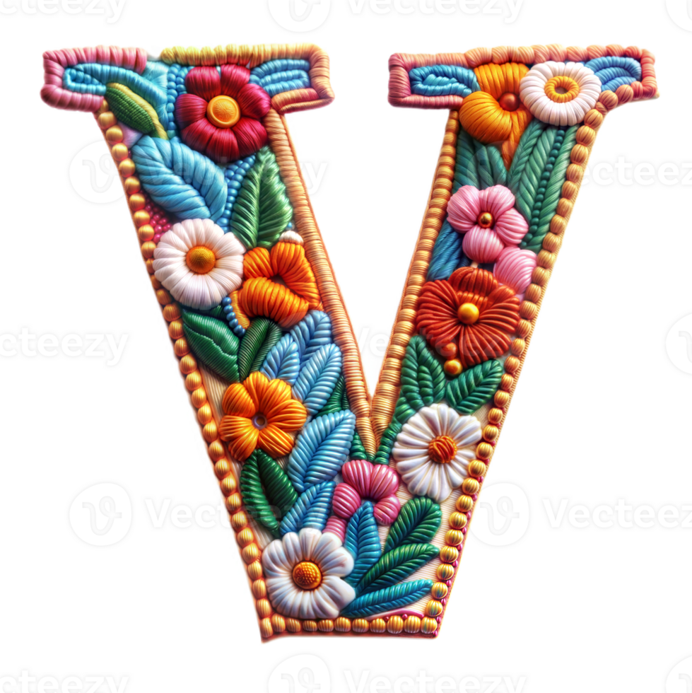 Embroidery alphabet V letter craft artistic stitches on transparent background png