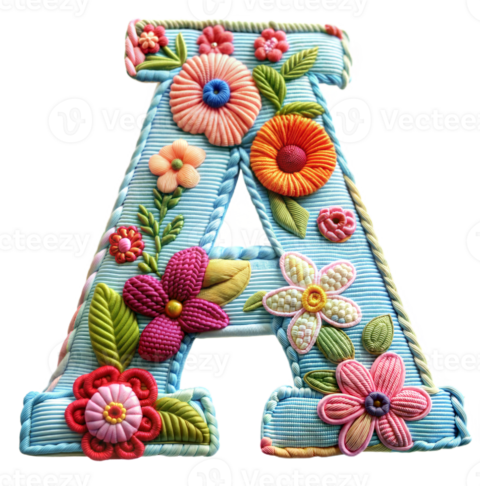 Embroidery alphabet A letter craft artistic stitches on transparent background png