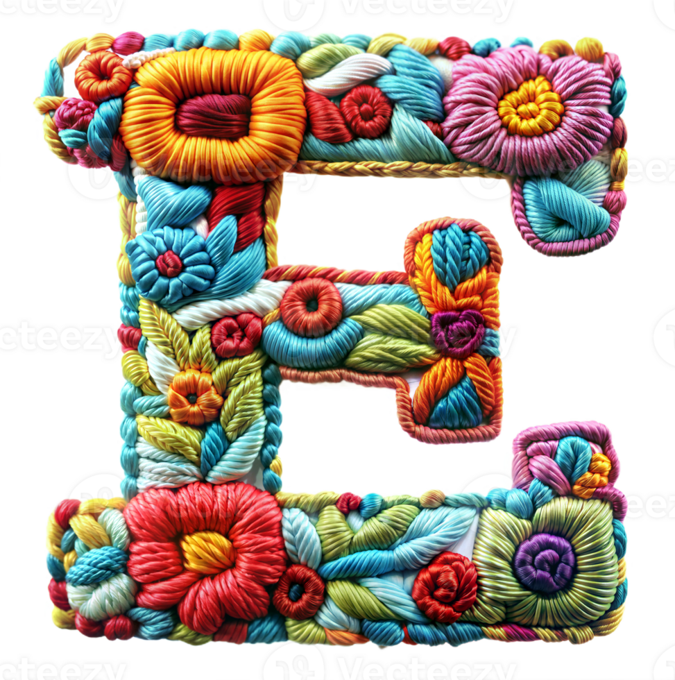 Embroidery alphabet E letter craft artistic stitches on transparent background png