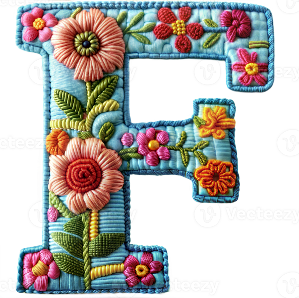 Embroidery alphabet F letter craft artistic stitches on transparent background png