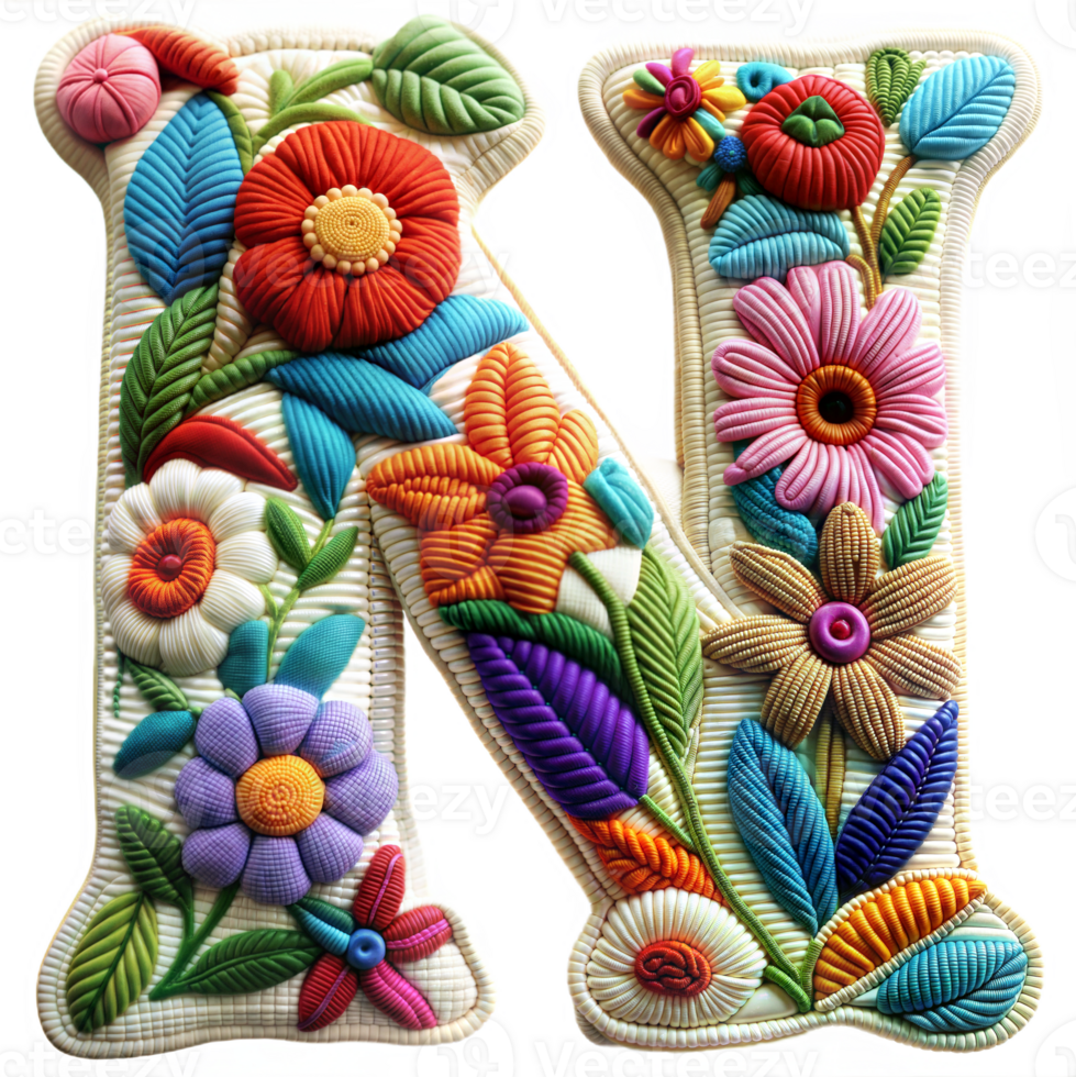 Embroidery alphabet N letter craft artistic stitches on transparent background png