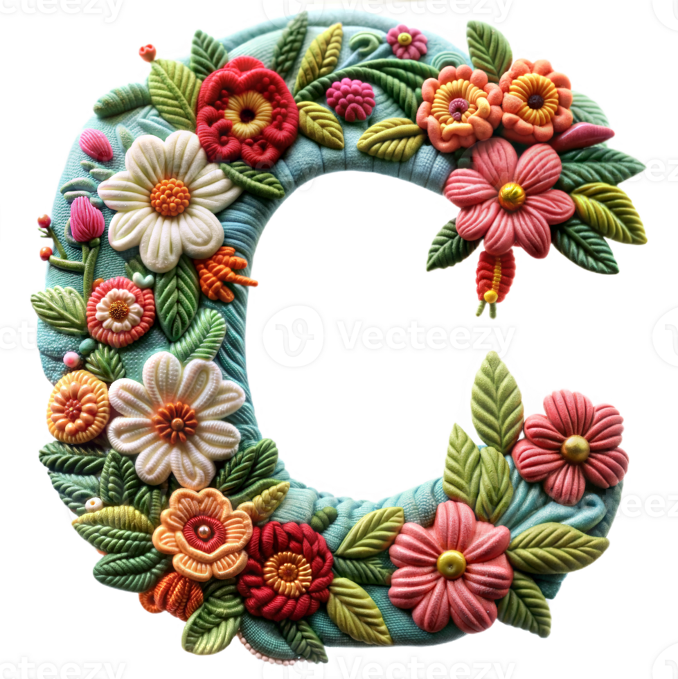 Embroidery alphabet C letter craft artistic stitches on transparent background png