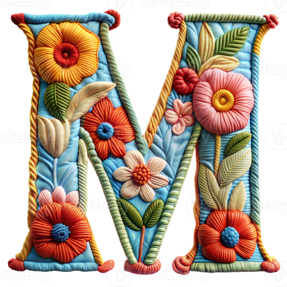 Embroidery alphabet M letter craft artistic stitches on transparent background png
