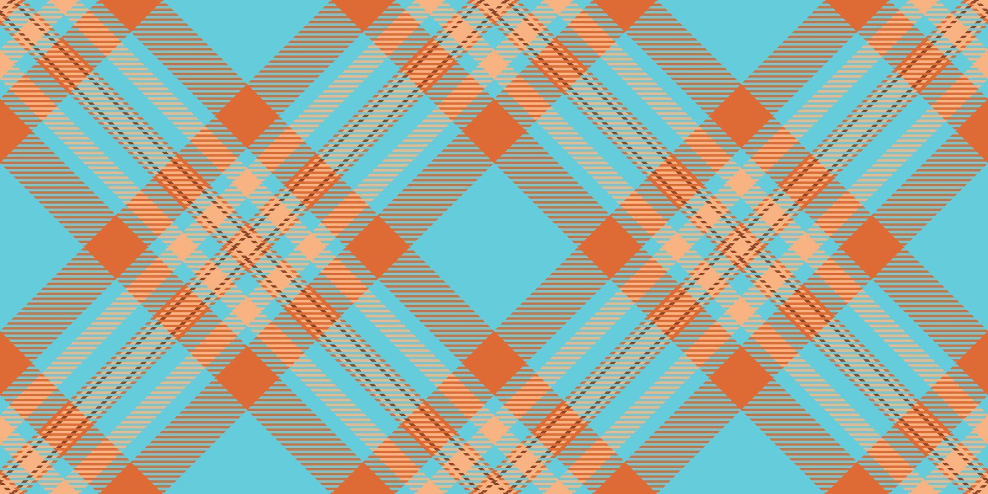 Folk plaid fabric seamless, repetition tartan check . Clothing pattern texture background textile in orange and cyan colors. vector