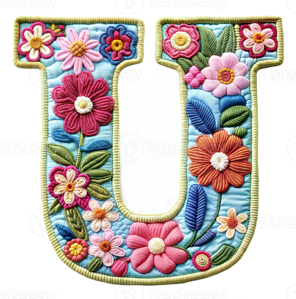 Embroidery alphabet U letter craft artistic stitches on transparent background png