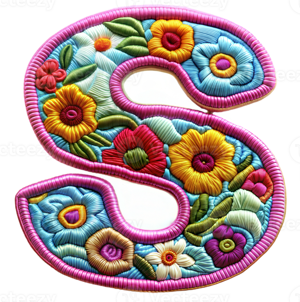 Embroidery alphabet S letter craft artistic stitches on transparent background png