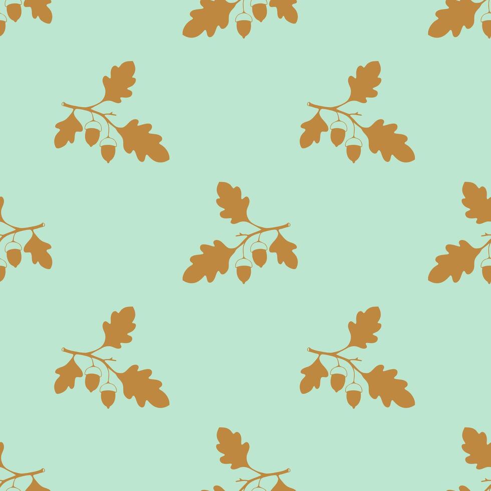 Pattern oak branch with acorns, gold silhouette drawing on mint green background. vector
