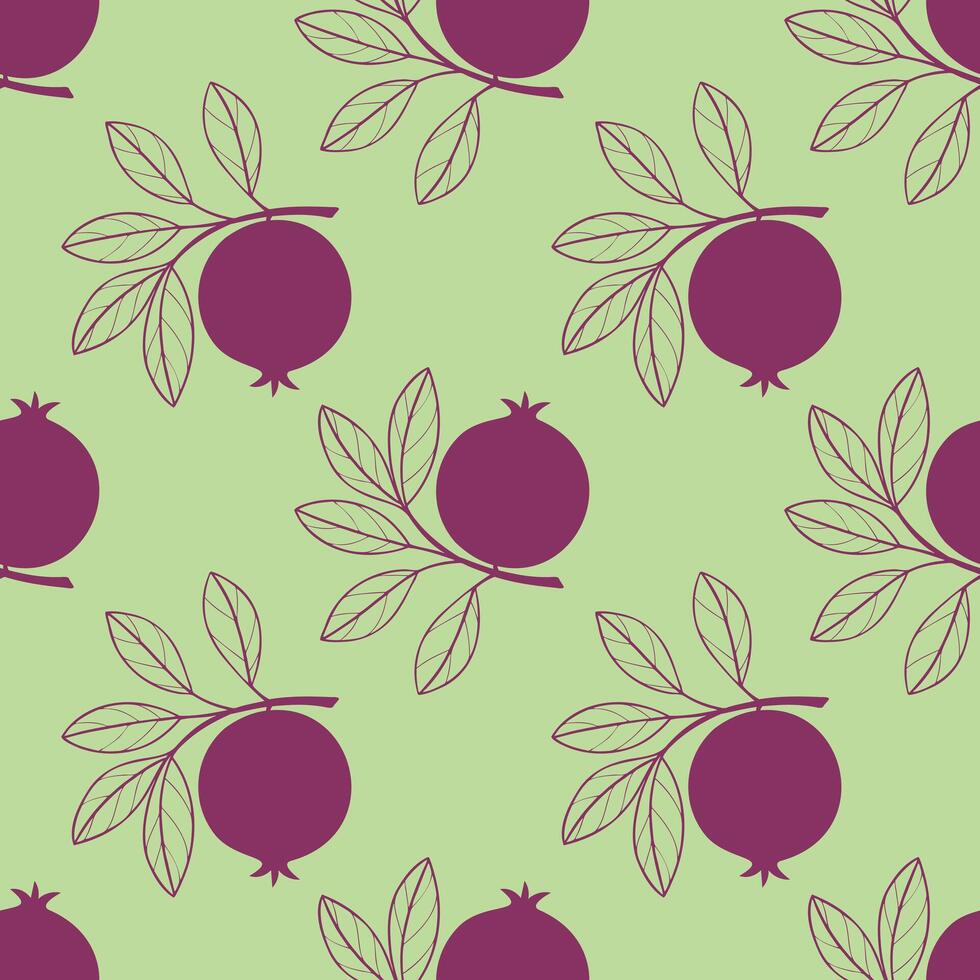 Pomegranate fruit pattern, green background, burgundy fruits and leaves, stylized contour drawing. vector