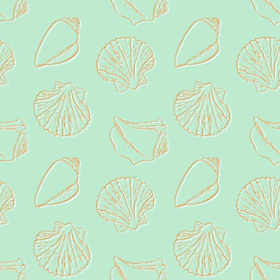 Sea ocean pattern with seashells on the sand beach, mint green background. vector