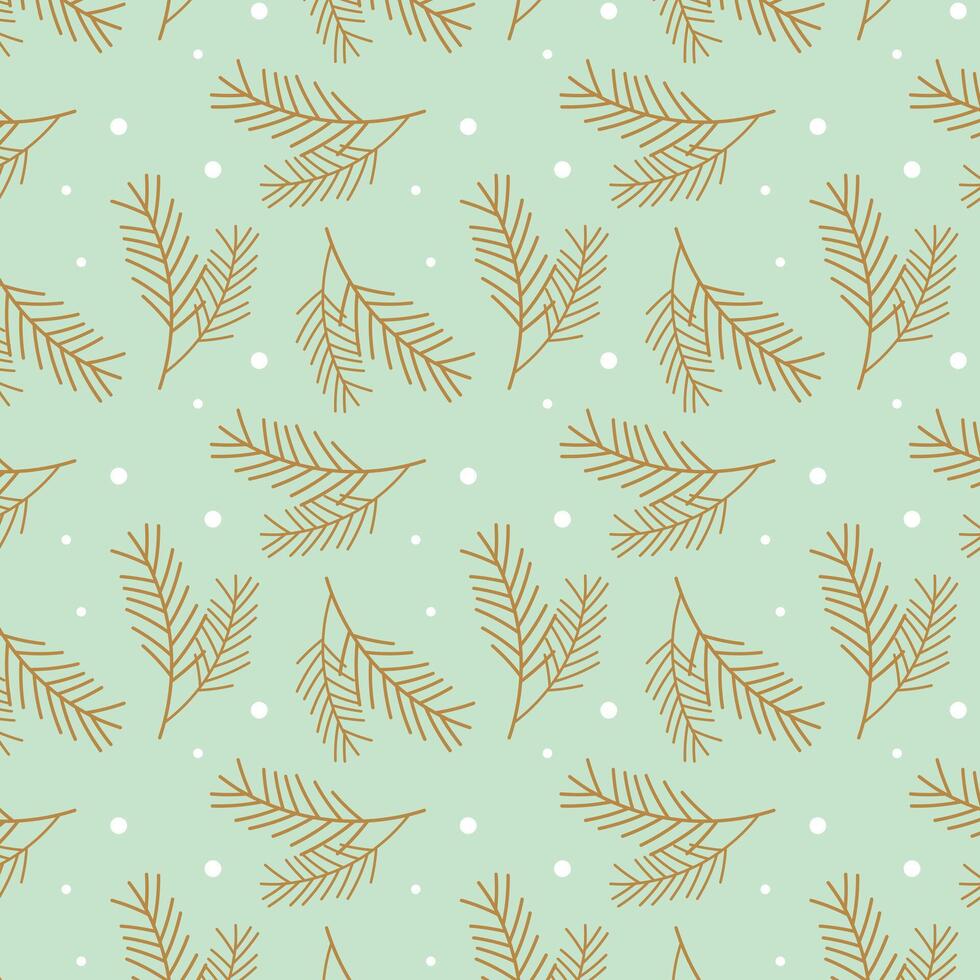 Mint green pattern with pine spruce branches and snow, winter background. vector