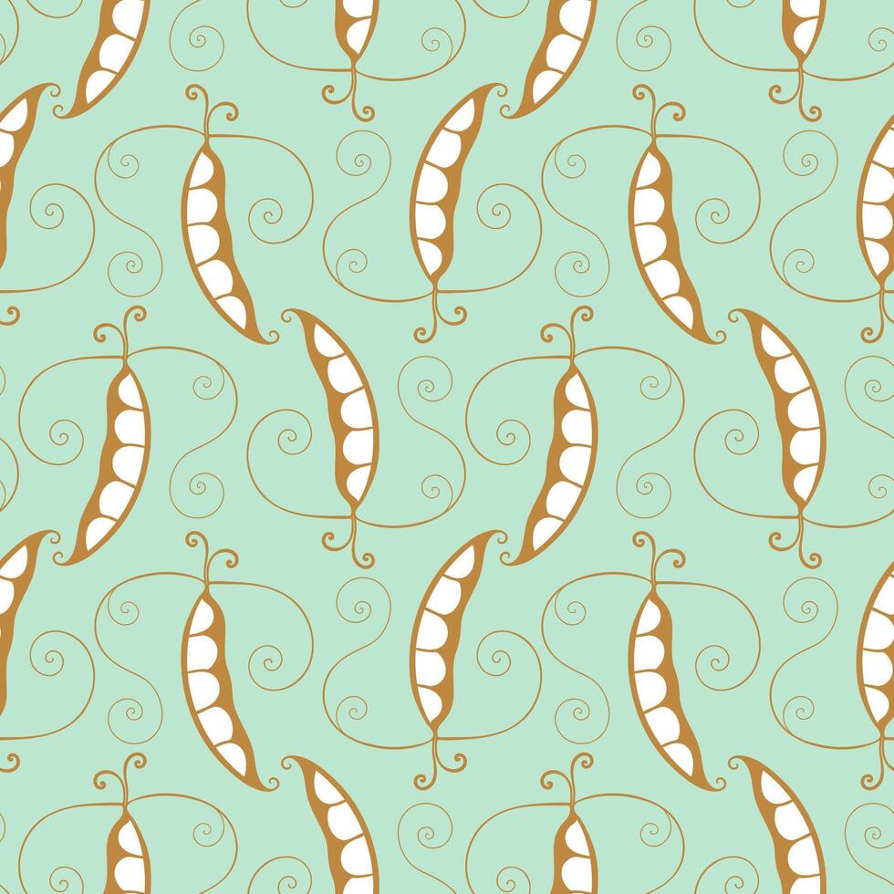 Pattern with branch of Pea pods gold contour , on green pastel background. vector