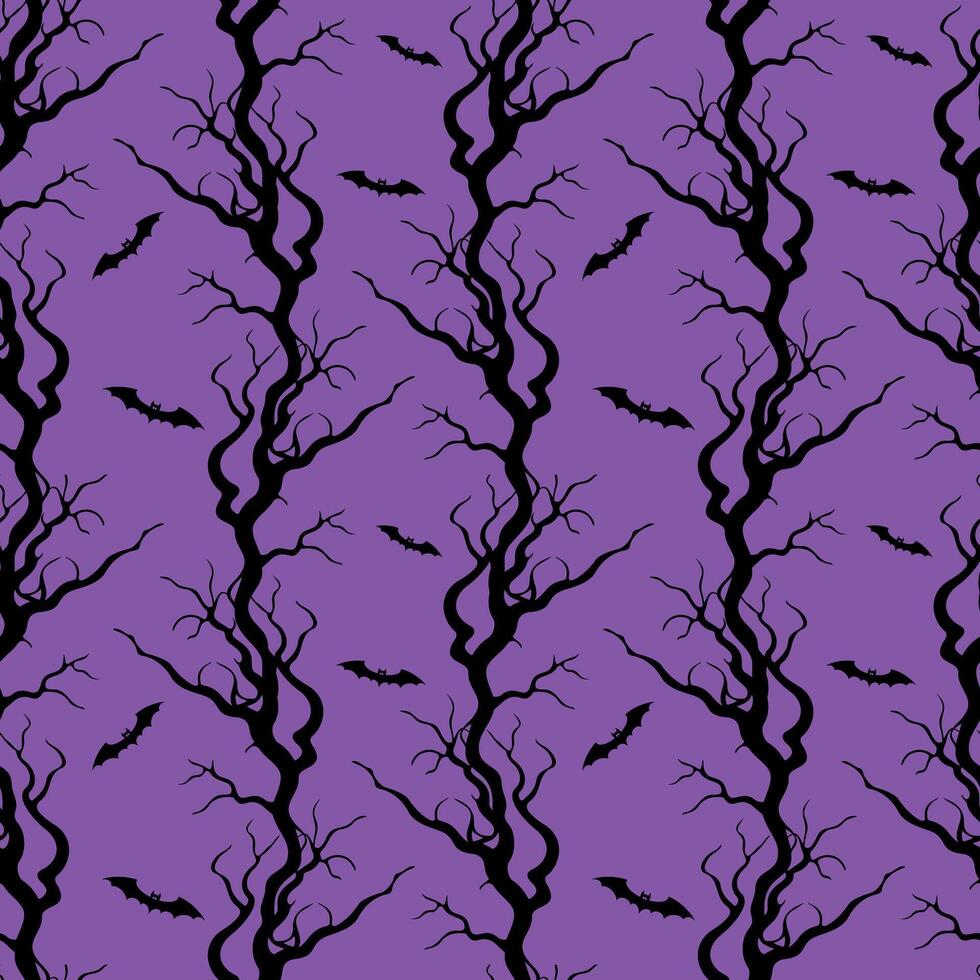 Tree branches gnarled old crooked and bats, Halloween pattern with black silhouettes on purple background. vector