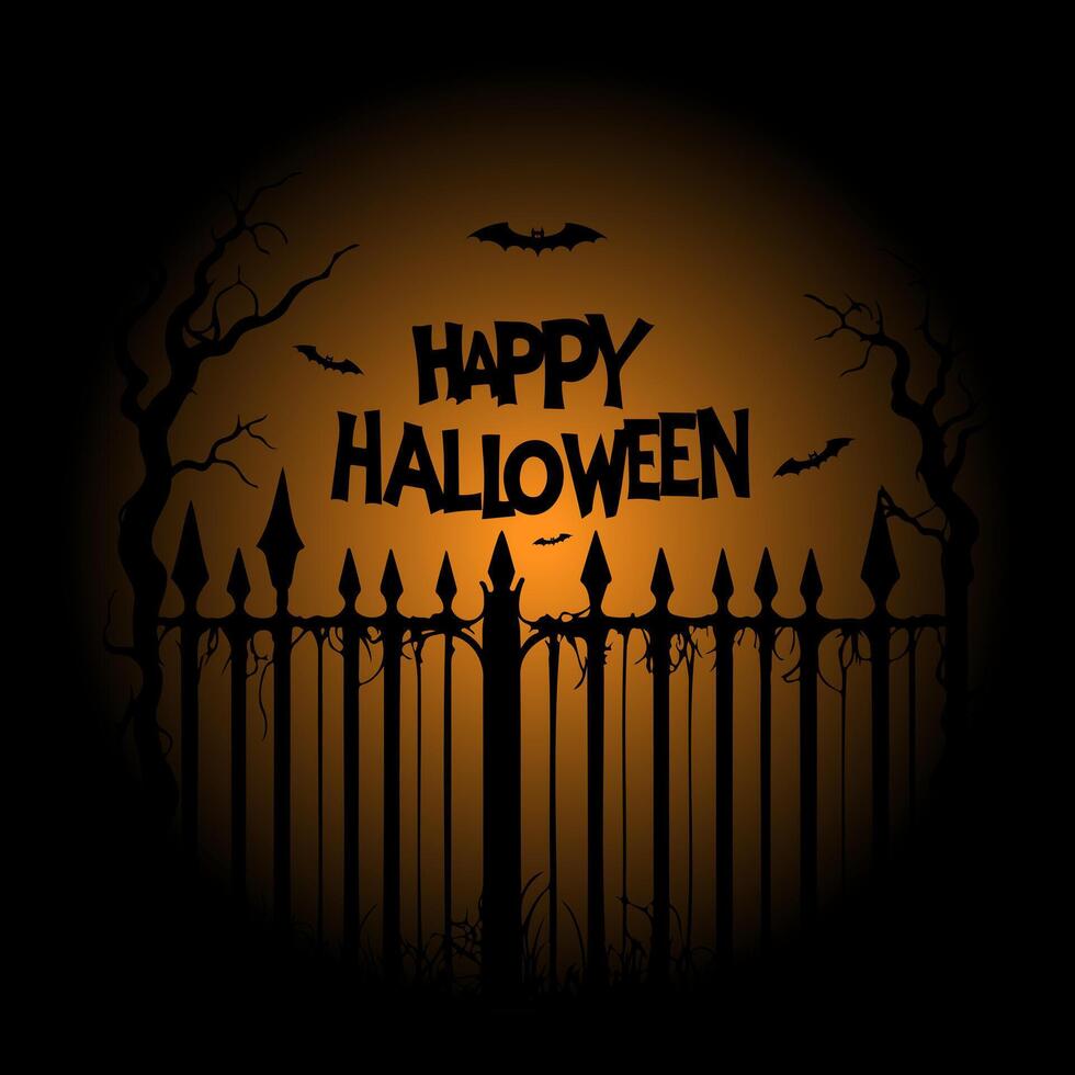 Happy Halloween poster on orange gradient background, with cemetery with an old scary fence and silhouette of bats. vector