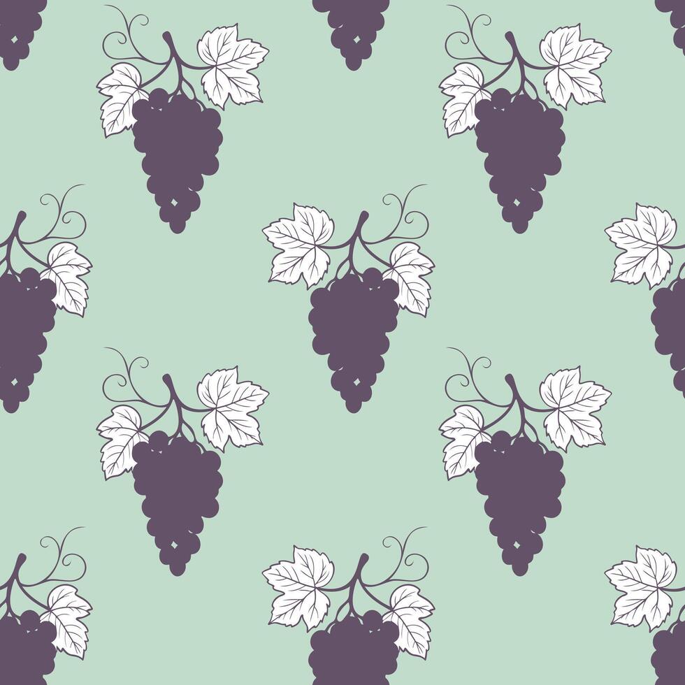 Grape seamless pattern on mint green background, contour doodle gray drawing of grape berries and leaves. vector
