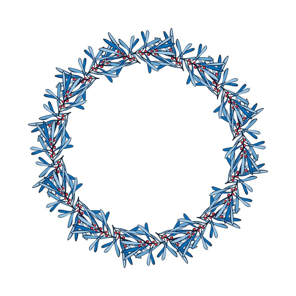 Winter New Years wreath of blue cold branches with red berries, isolated on white background. Winter design element. vector