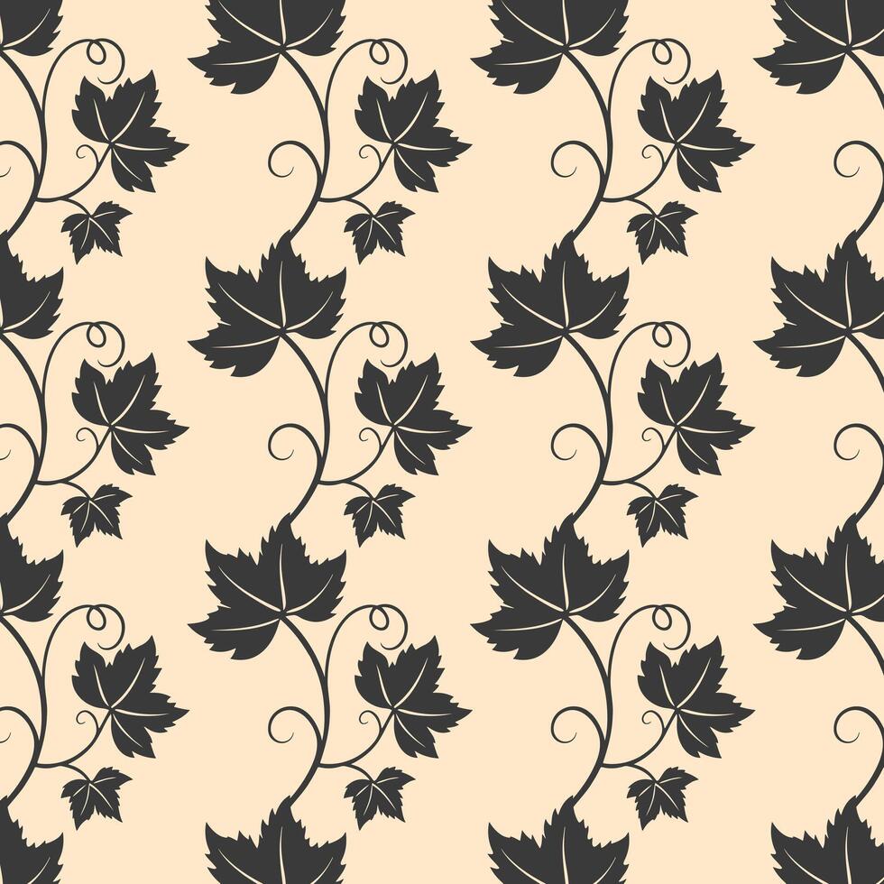 Grape vine with leaves pattern, dark vine silhouette on beige background. vector