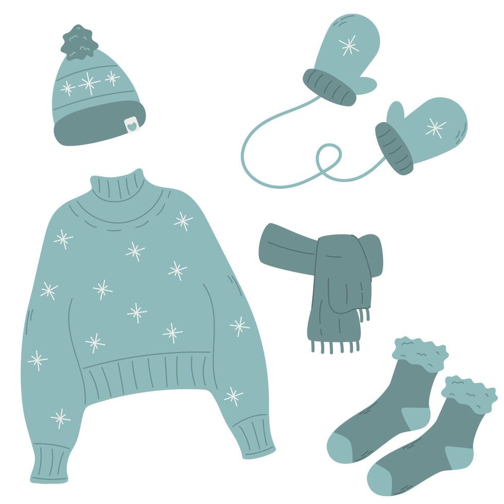 Winter set of accessories and sweater, hat, scarf, socks and mittens with pattern, flat illustration vector