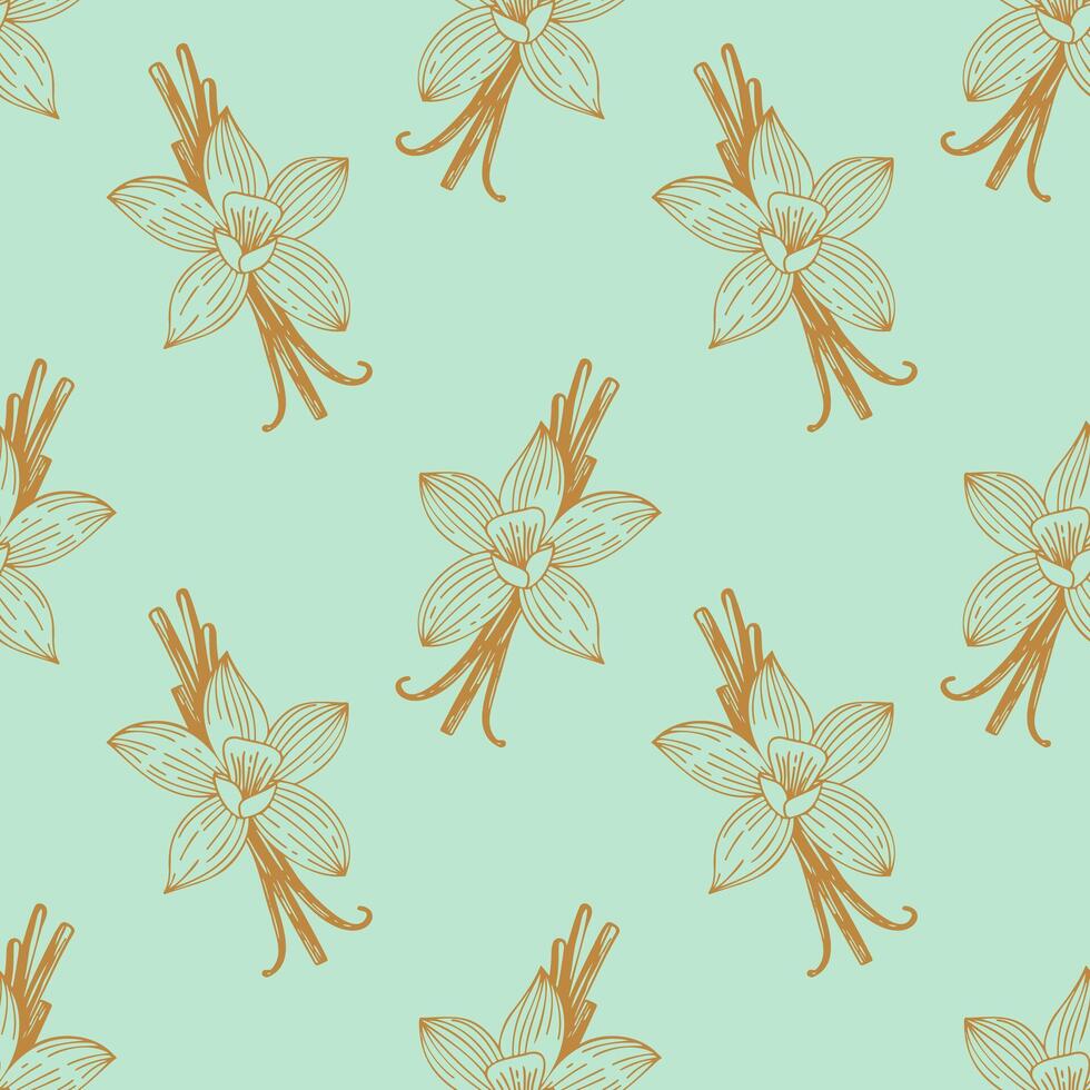 Spice pattern with vanilla flowers gold and pods on light green background. vector