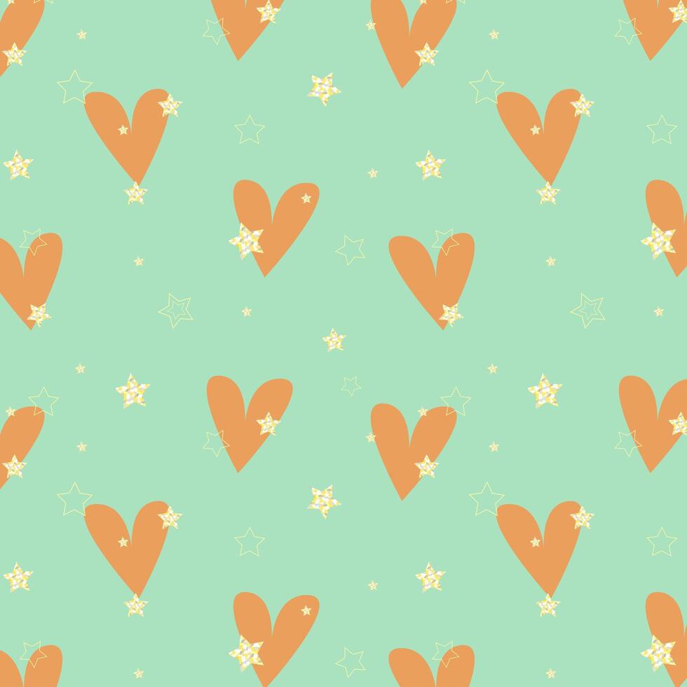 Pattern with hearts and shining stars on mint background. vector