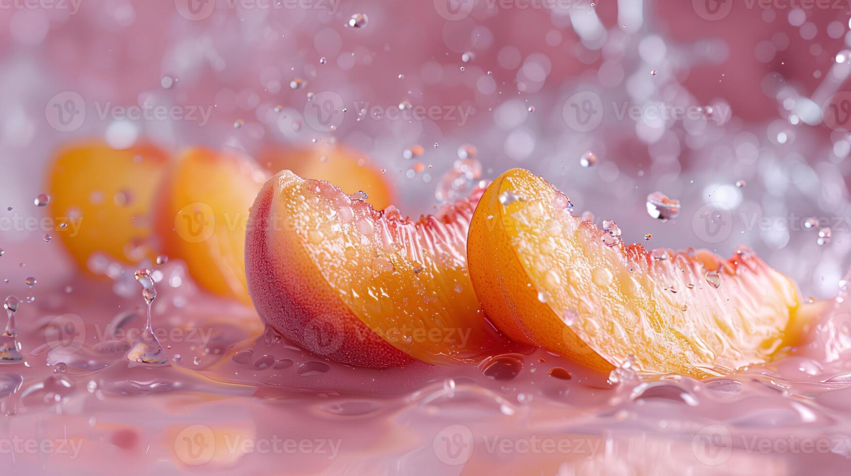 Slices of juicy peach burst through splashes of water. Summer banner. photo