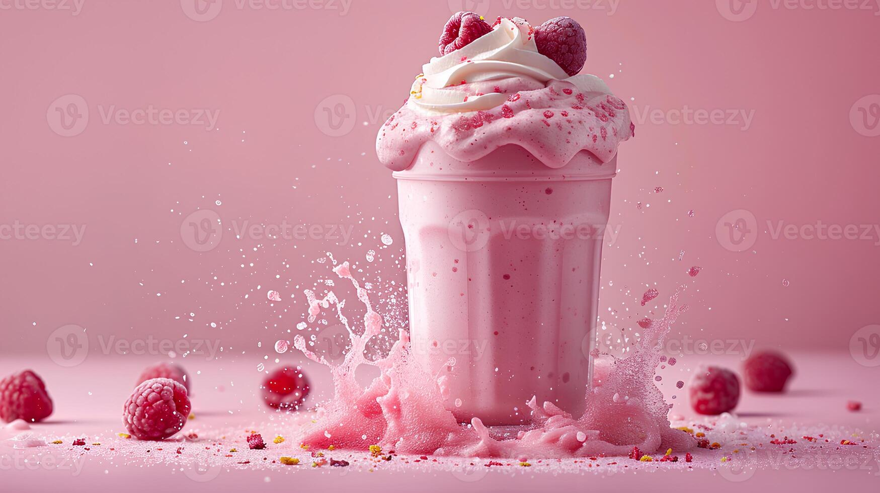 Glass of shake smoothie with raspberry on pink background. Summer drink. photo