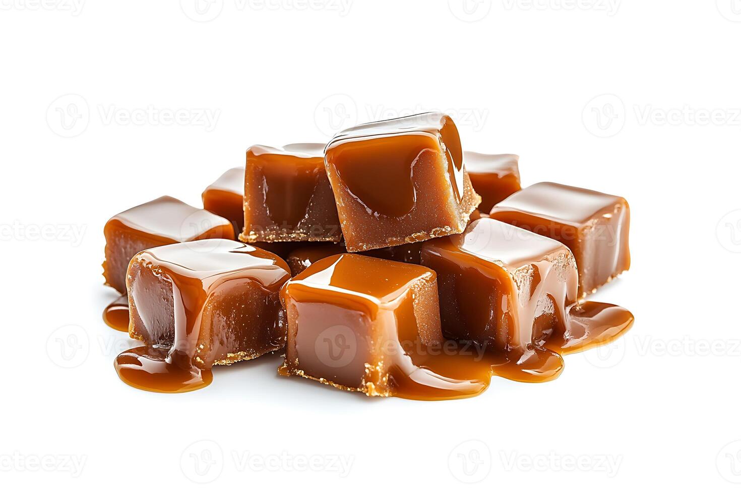 Sweet caramel candies and sauce, isolated. Delicious caramel photo