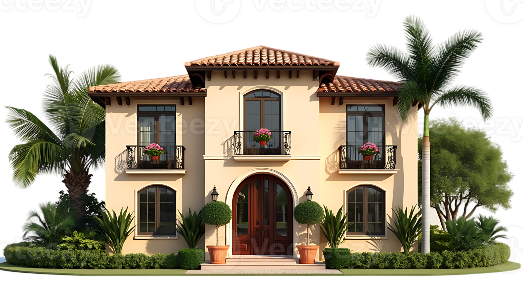 Isolated luxurious Mediterranean-style villa featuring arched windows and a terracotta roof on a transparent background, ideal for real estate and architectural photography. png