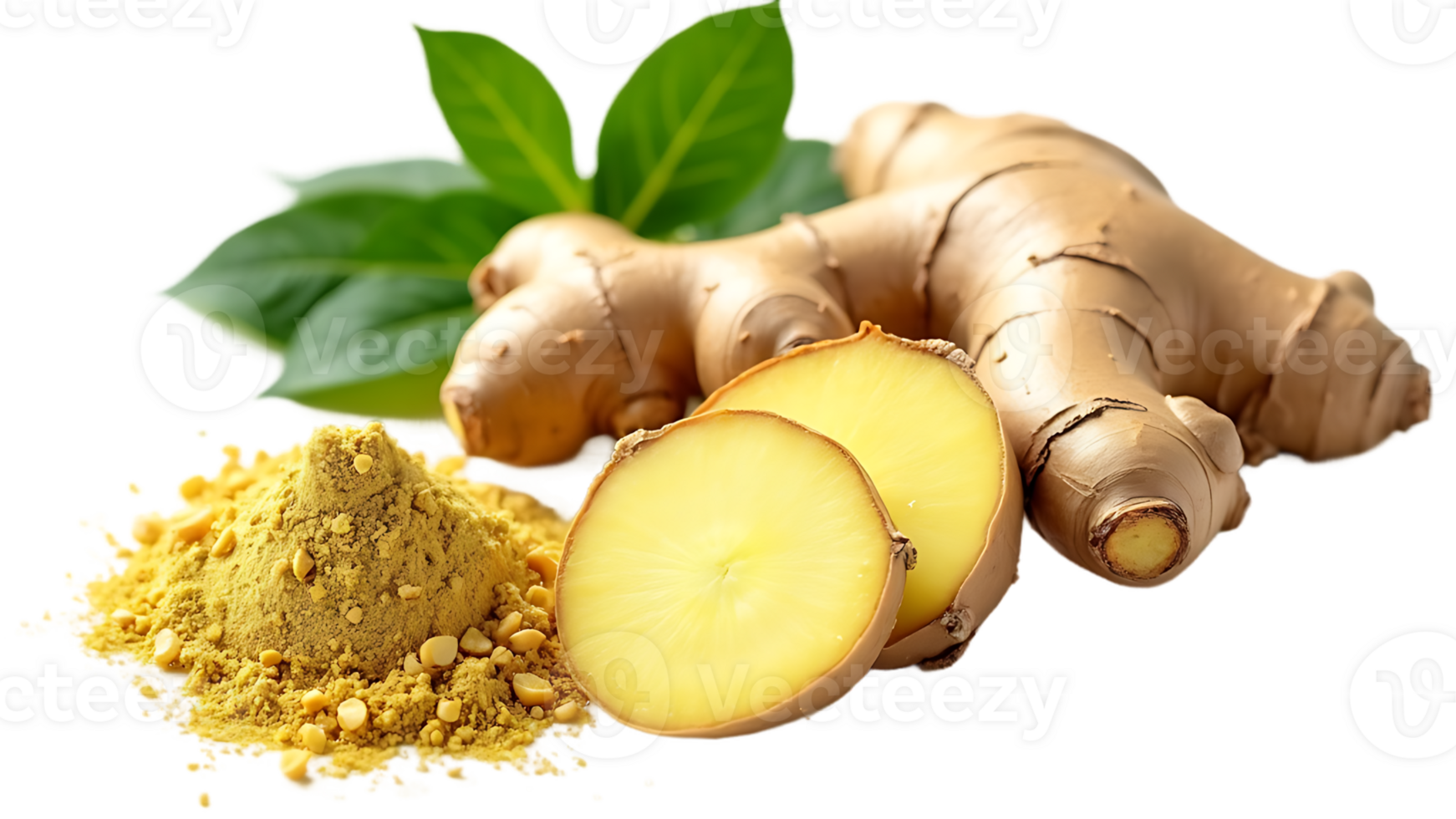 Isolated close-up of turmeric root with powder on a transparent background, representing a natural organic healthy plant. png