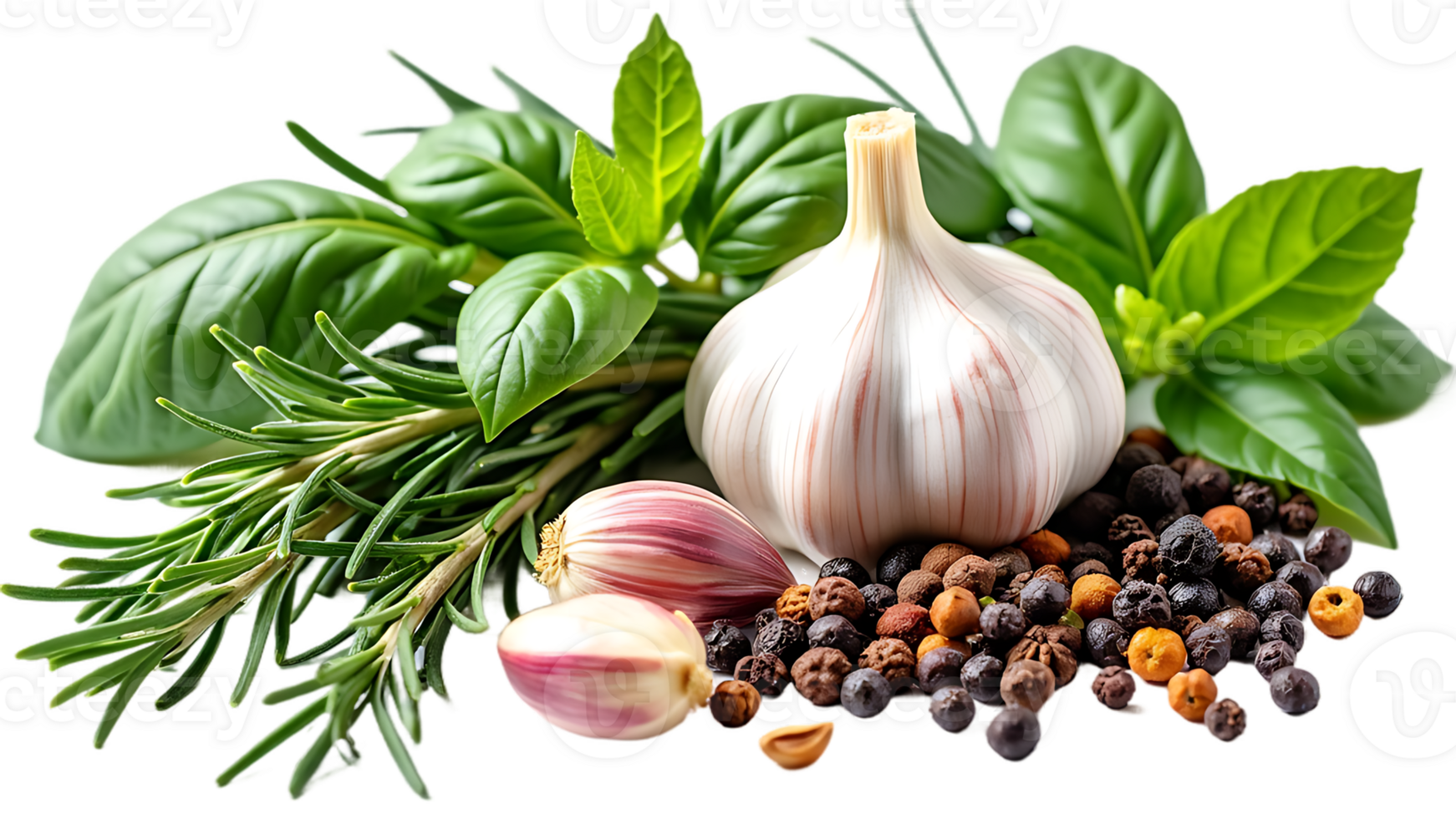 Top view of Herbs and spices isolated on background, ingredients for cooking food, healthy vegetables food, high fibers and vitamins. png