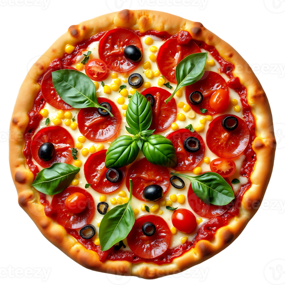 Isolated top view of a vegan pizza featuring tomatoes and olives on a clear background. png