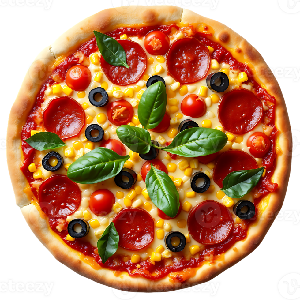 Vegan pizza with tomatoes and olives isolated on transparent background, top view png