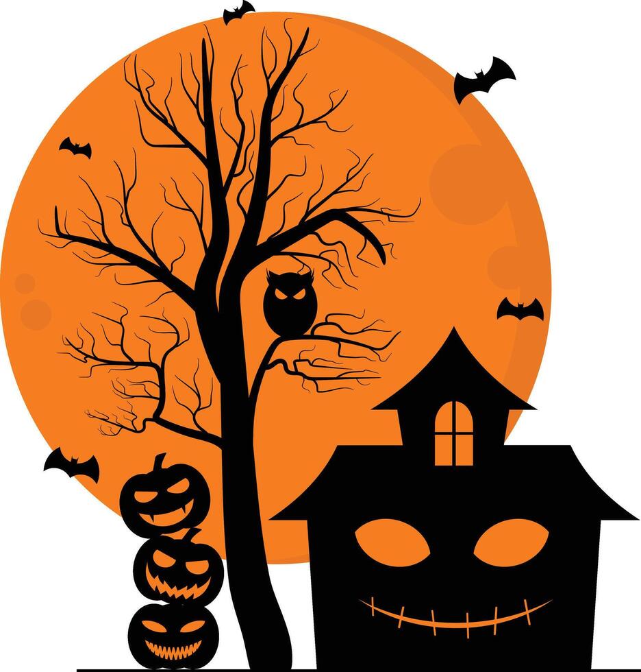 Silhouette Of Haunted House Dead Tree Pumpkin And Scary Owl Under Moonlight vector