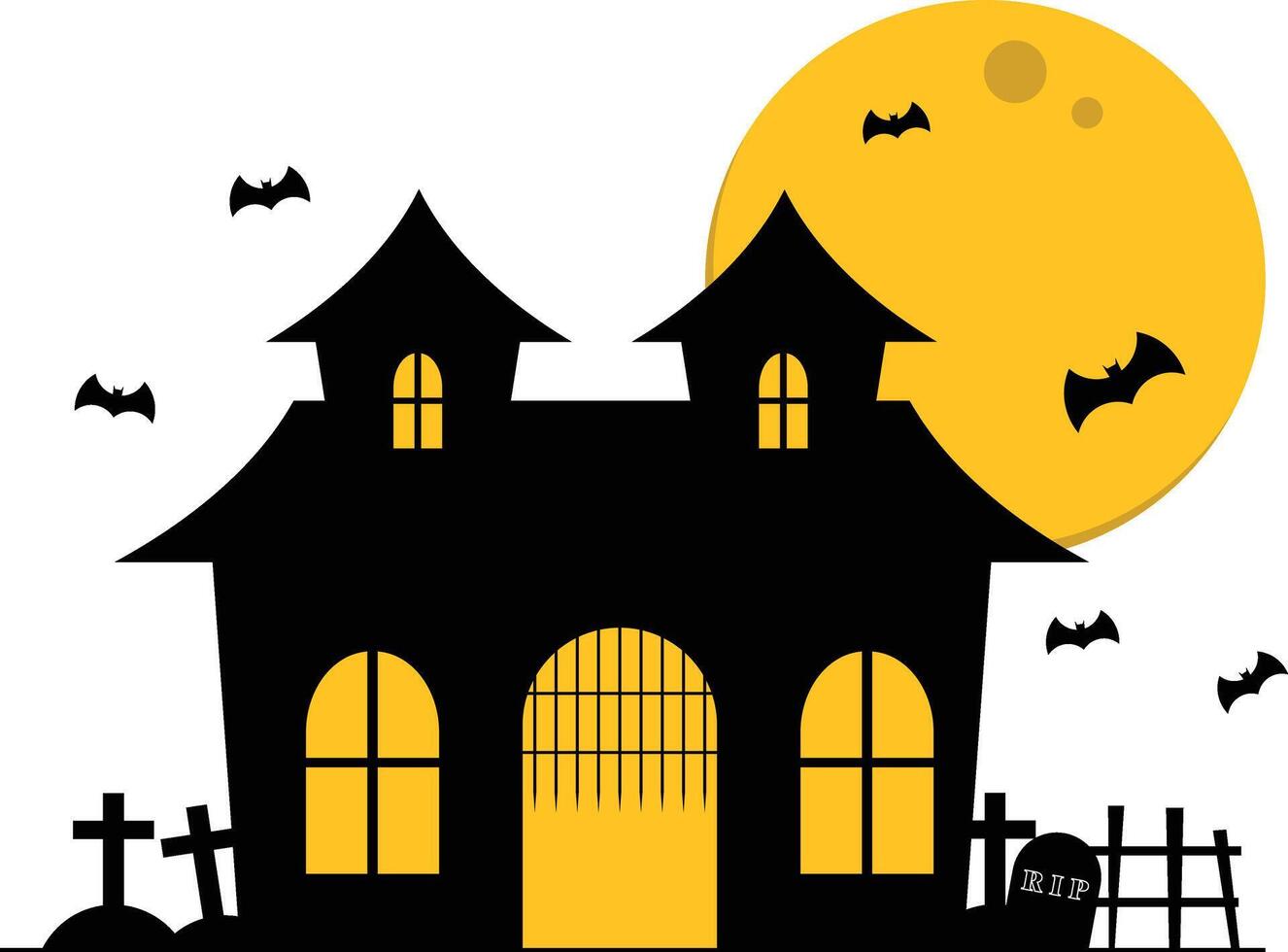 Scary Halloween Black Haunted House Surrounded By Graves And Bats At Night vector