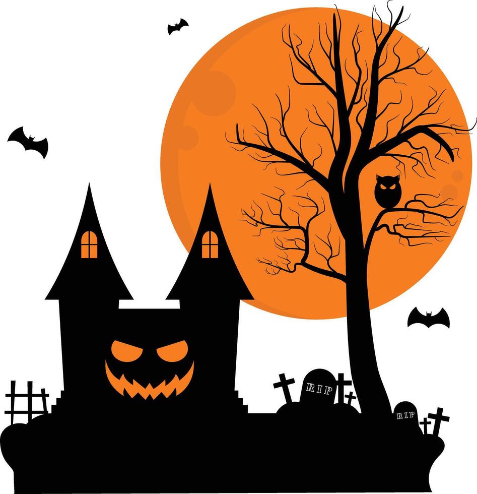 Haunted House Silhouette Dead Tree Scary Owl With Full Moon Background vector