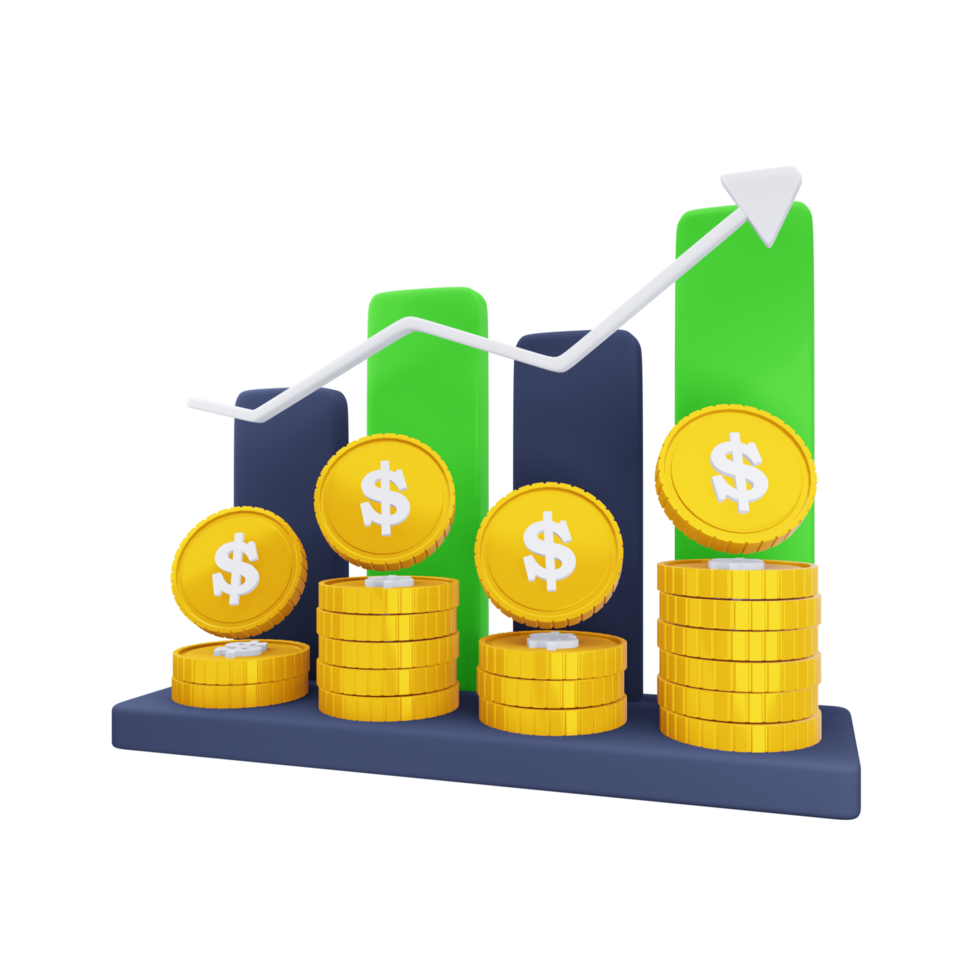 Financial Growth Icon 3D. Rise and fall of income in coins and with arrow png