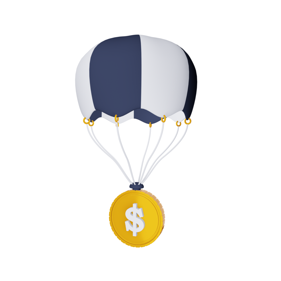 Parachute with gold coin 3d icon on isolated background png