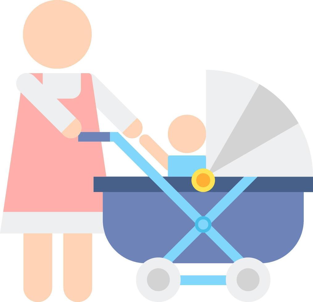 A woman pushing a baby carriage with a child in it vector