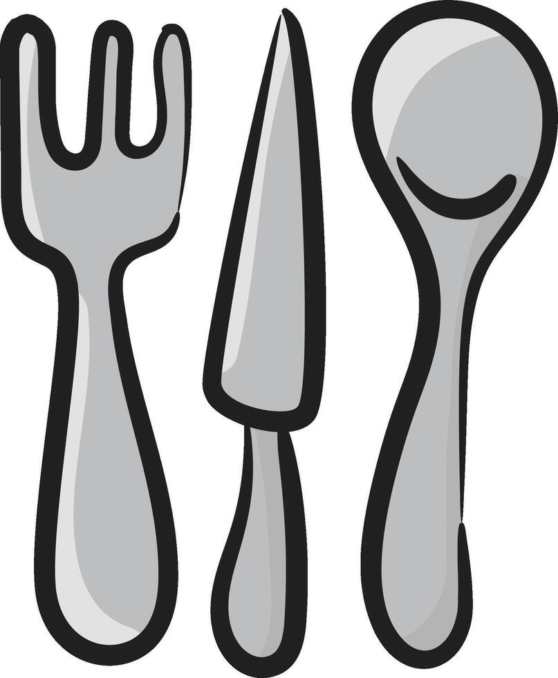 A cartoon illustration of a fork, spoon and knife vector
