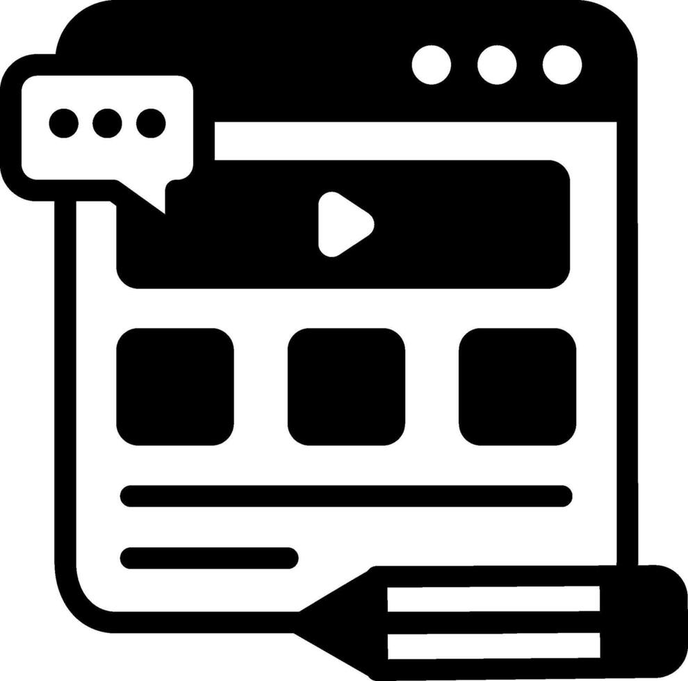 A black and white icon of a website with a pencil and a vector