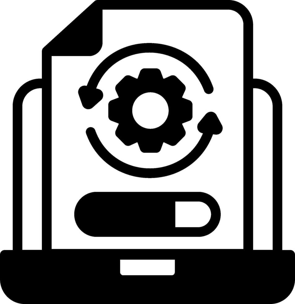 A black and white icon of a computer with a gear on it vector