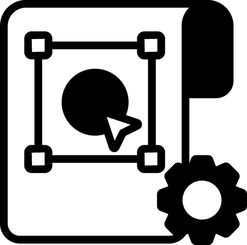 A black and white icon of a gear and a paper vector