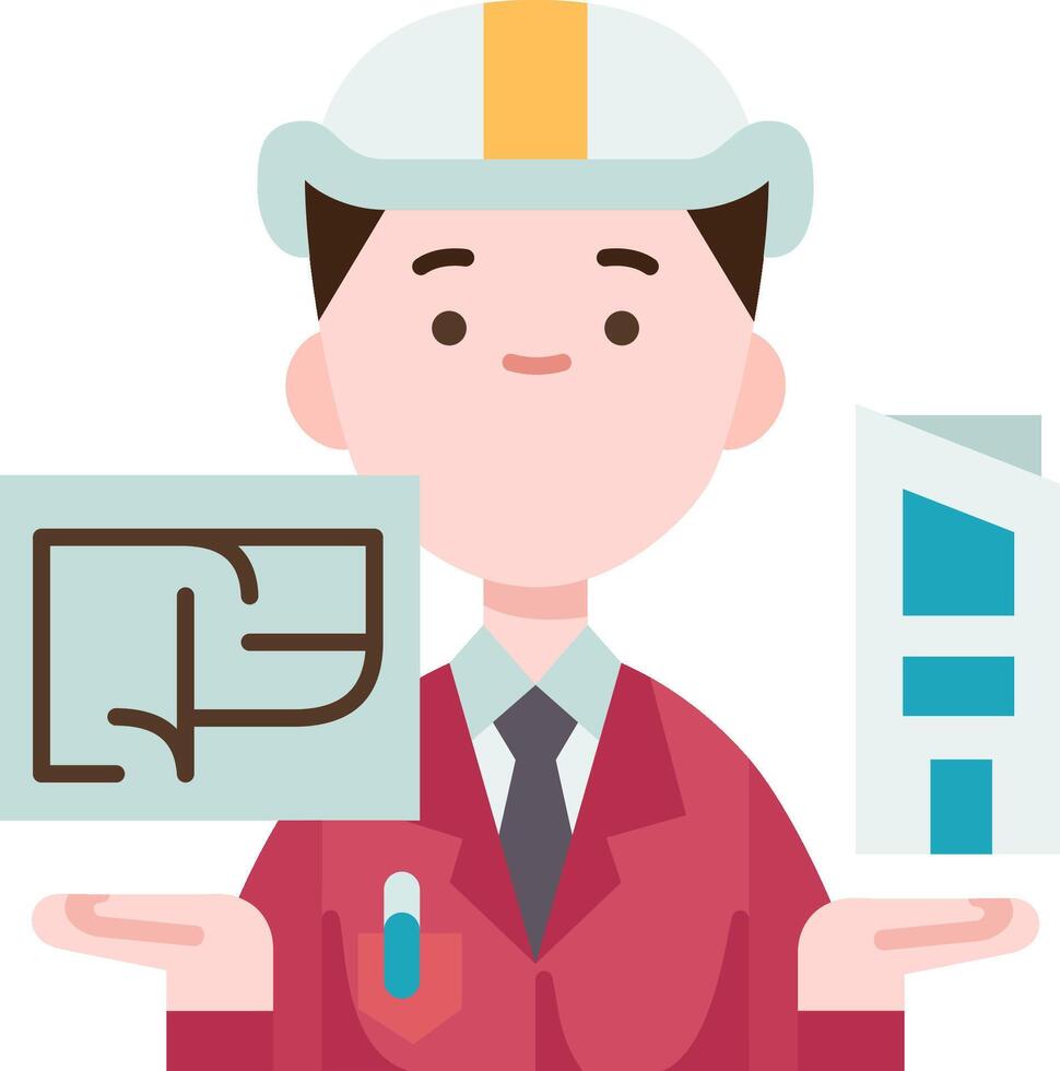 A man in a hard hat holding a blueprint and a building vector