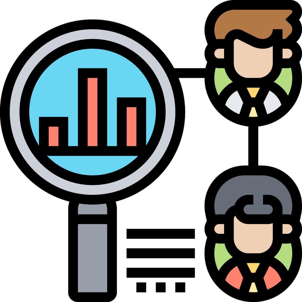 A magnifying glass with two people and a bar chart vector