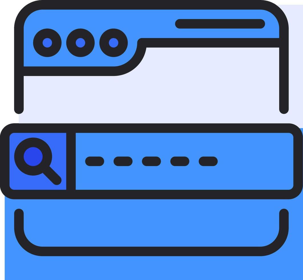 A blue and white icon of a computer with a magnifying glass vector