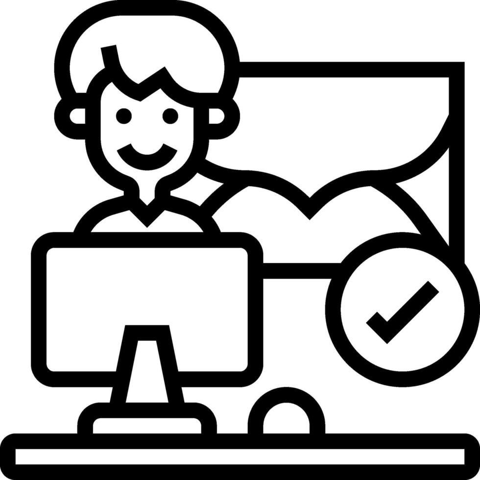 A man sitting at a desk with a computer and a check mark vector