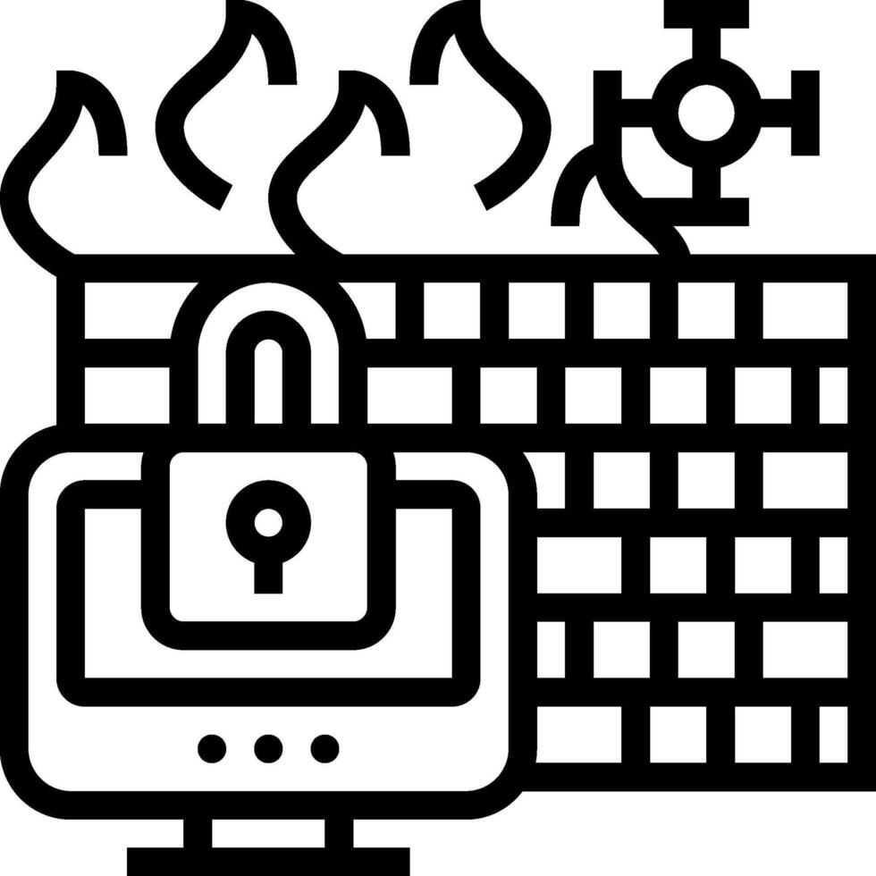A black and white illustration of a computer with a padlock vector