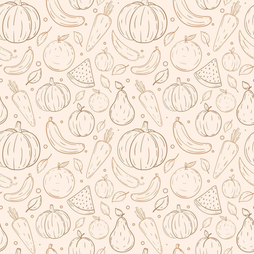 Outline vegetables and fruits seamless pattern. Hand draw thin line doodle farm fresh fruit and vegetables pattern. vector