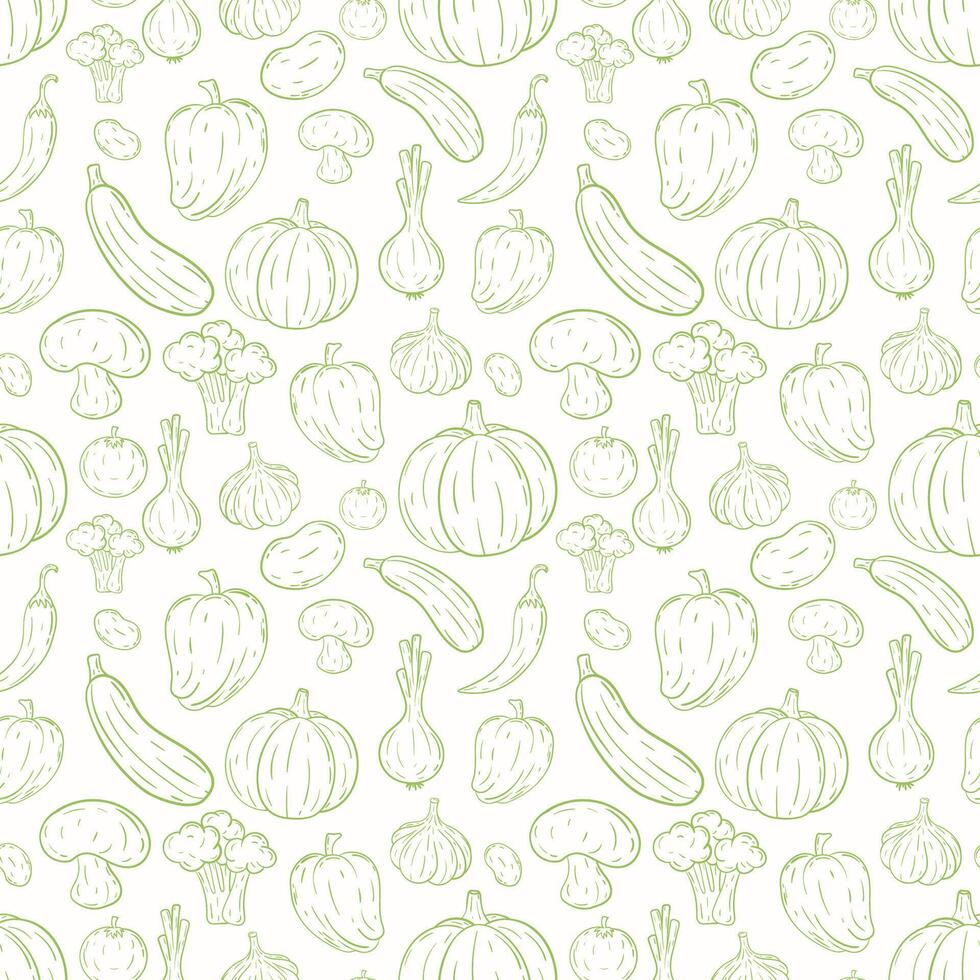 Outline vegetables seamless pattern. Hand draw thin line doodle farm fresh vegetables pattern. Organic healthy veggie food vector