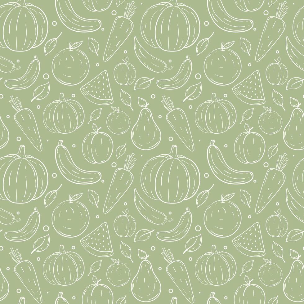 Outline vegetables and fruits seamless pattern. Hand draw thin line doodle farm fresh fruit and vegetables pattern. Organic healthy veggie food vector